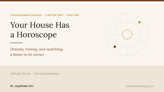 Your House Has a Horoscope — Vishwakarma Prakash Chapter Two on Grihamelapak, matching the chart of a home to its owner, shown as a twelve-house chart wheel