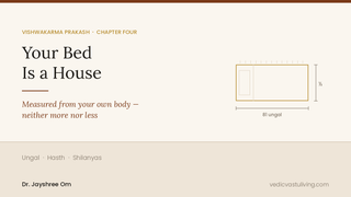 A bed drawn in plan with dimension lines marking 81 ungal by half its length — Vastu bed measurement from the Vishwakarma Prakash