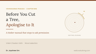 A cut trunk seen end-on with growth rings and the axe mark beginning in the northeast — Vriksh Chedan Vidhi, the Vastu method of wood selection