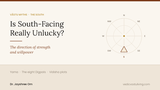 A compass rose with the south marked by a triangle, the shape of energy — is a south-facing house unlucky in Vastu?