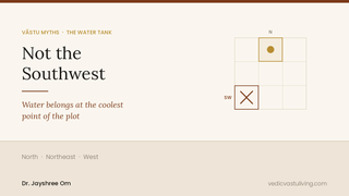 Overhead water tank direction in Vastu — a nine-square plot grid marking the north cell where water belongs and striking out the southwest