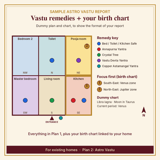 Sample Astro Vastu report: remedy plan with birth-chart focus zones