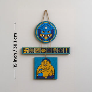 Wall Hanging for Protection and Calmness - 15 inch / 38.1 cm size with Ashtamangala symbols and Laughing Buddha