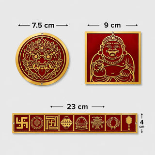Copper Nazar Battu set dimensions - Kirti Mukh 7.5cm, Kubera plate 9cm, Astamangal strip 23cm