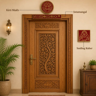 Copper Nazar Battu set with Kirti Mukh, Astamangal and Smiling Kuber installed on main entrance door for vastu protection