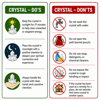 Crystal care instructions showing do's like sunlight cleansing and don'ts like avoiding water or soap