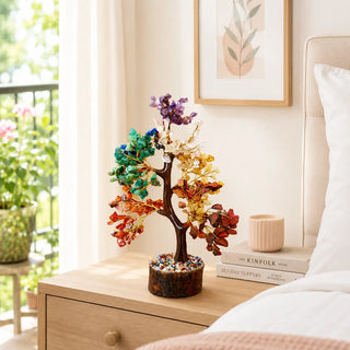 7 Chakra crystal tree displayed on a bedroom nightstand beside books and candle