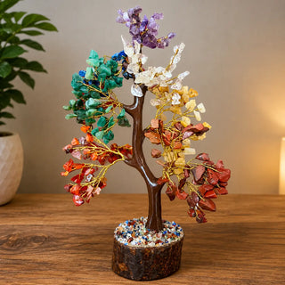 7 Chakra crystal tree with amethyst, green aventurine, citrine and red jasper on wooden base