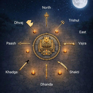 Dikpala Yantra weapons Dhvaj, Trishul, Vajra, Shakti, Dhanda, Khadga, Paash arranged around a temple in eight directions