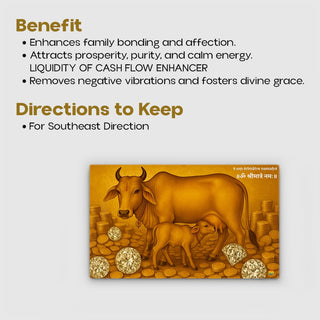 Kamdhenu cow and calf Vastu art with gold coins and diamonds for South-East direction prosperity