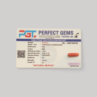 Certified natural red coral Moonga gemstone lab report from Perfect Gems Testing Lab