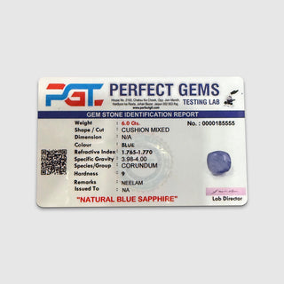 Certified natural blue sapphire Neelam gemstone lab report from Perfect Gems Testing Lab