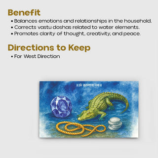 West direction Vastu remedy art with Varuna crocodile, sapphire and coins for water element balance