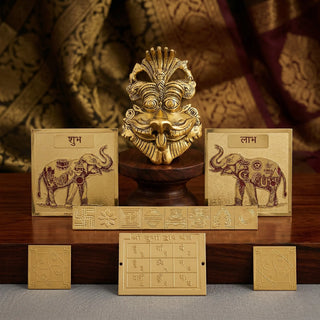 Brass entrance dwar set with Shubh Labh elephant plates, Kirtimukh face, Durga dwar yantra and Ashtamangal strip for main door protection