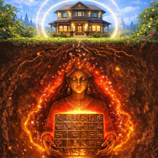 Garbha Manjusha symbolic artwork showing Vastu Purusha energizing a house foundation with sacred symbols
