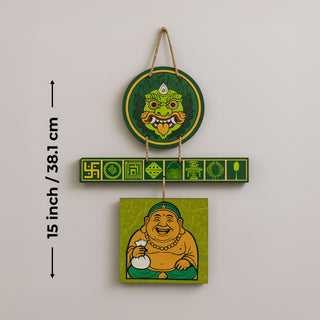 Green Wall Hanging Suraksha Kavach for Growth and Protection — 15 inch / 38.1 cm size with Ashtamangala symbols and Laughing Buddha