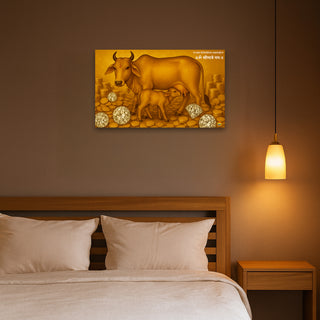 Kamadhenu cow and calf wealth poster displayed above a bed in a warm-lit bedroom setting