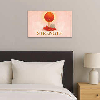 Veer Shakti Frame symbol of power and determination with "Strength" affirmation, Mars/Mangal red sphere design, hung above bedroom headboard