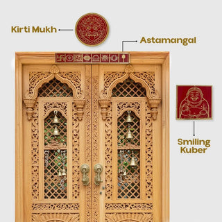 Illustration showing Kirti Mukh, Astamangal strip and Smiling Kuber placement on a carved wooden main door