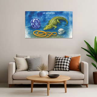 Lord Varun Energy poster hung above living room sofa, watercolor art symbolizing water element for calm and abundance