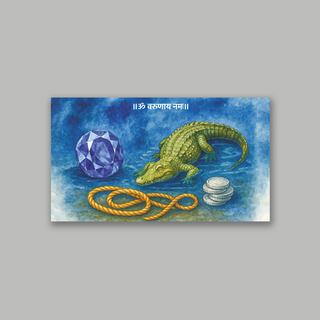 Lord Varun Energy poster with Om Varunay Namah mantra, crocodile, sapphire, rope, and coins symbolizing water element and prosperity