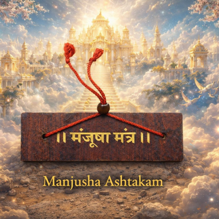 Manjusha Mantra Ashtakam wooden pendant plaque with red thread, divine temple background