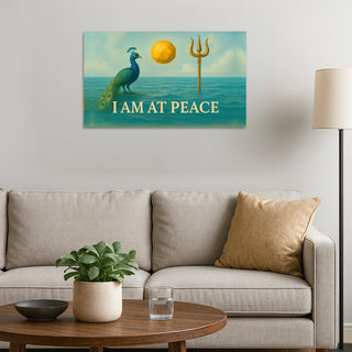 Mayura Shobha Frame poster of beauty and positivity with "I Am At Peace" affirmation, peacock and trident design, hung above living room sofa