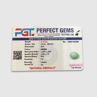 Natural emerald gemstone identification report from Perfect Gems Testing Lab confirming authenticity, weight and colour