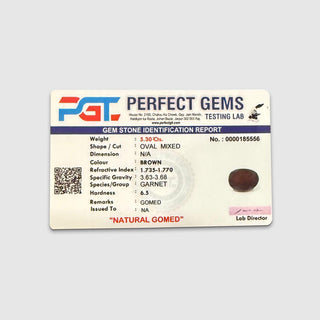 Natural Garnet (Gomed) gemstone identification report by Perfect Gems Testing Lab - 5.30 carats, oval mixed cut, brown