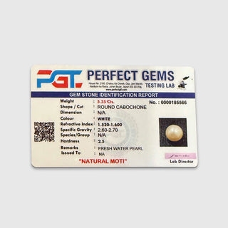 Natural Moti pearl gemstone identification report by Perfect Gems Testing Lab - 5.35 carats, round cabochon, fresh water pearl
