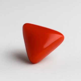 Natural red coral (Moonga) gemstone, smooth triangular cabochon, alternate angle view