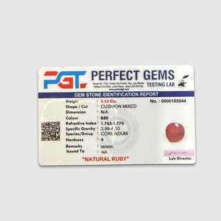 Natural Ruby (Manik) gemstone identification report by Perfect Gems Testing Lab - 3.55 carats, cushion mixed cut, corundum