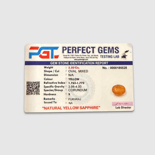 Natural Yellow Sapphire (Pukhraj) gemstone identification report by Perfect Gems Testing Lab - 5.50 carats, oval mixed cut, corundum