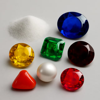 Navratna Vedic gemstone set of 8 gems - diamond powder, blue sapphire (Neelam), yellow sapphire (Pukhraj), emerald (Panna), garnet (Gomed), pearl (Moti), red coral (Moonga), and ruby (Manik)