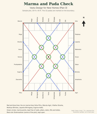 Sample Marma and Pada check on a 30 by 40 ft plot: 32 pada devatas on the boundary, six marma lines and the marma points circled, Brahmasthan kept open