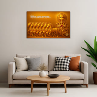 Surya Mantra chariot poster displayed above a sofa in a modern living room