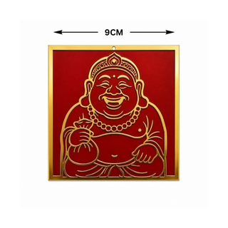 Premium Copper Kubera Laughing Buddha wall plaque - 9cm size, gold embossed design on red background