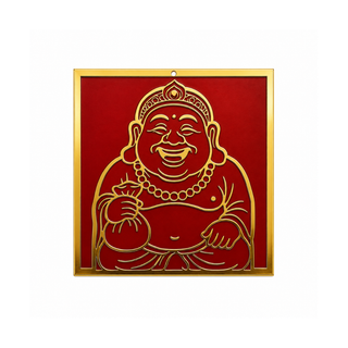 Premium Copper Kubera Laughing Buddha wall plaque in red and gold, for wealth and prosperity