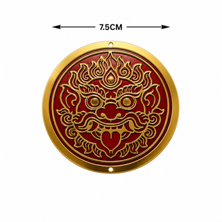 Premium Copper Nazar Battu Kirtimukha wall hanging - 7.5cm size, red and gold circular plaque for protection from evil eye and negative energy