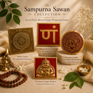 Sampurna Sawan Collection banner — sacred tools for a blessed home and prosperous Sawan, featuring Kuber Yantra, Dhyan Shakti Yantra, Nazar Battu, and Kubera idol