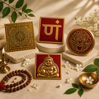 Sampurna Sawan Collection sacred puja items styled with rudraksha mala, diya, and jasmine flowers