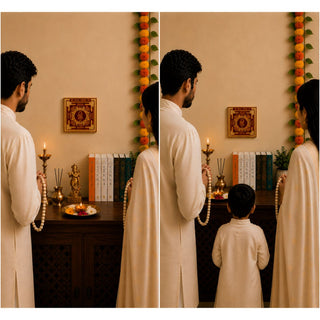 Family praying before Shri Santan Gopal Yantra for the blessing of a child, with Vastu books displayed