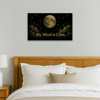 Shanti Manas Frame poster of tranquility with "My Mind is Calm" affirmation, moon and night sky design, hung above bedroom headboard