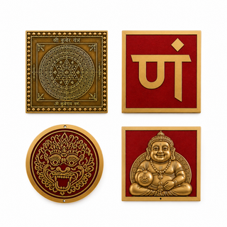 Shiv Sawan Sadhana Collection - Kuber Yantra, Dhyan Shakti Yantra, Copper Nazar Battu, and Copper Kubera on white background