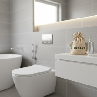Toilet Safe crystal pouch 220gm placed on bathroom counter near toilet