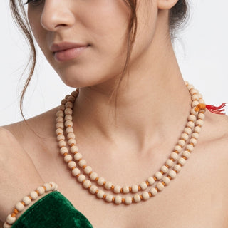 Tulsi Jap Mala worn as a necklace, natural wood beads for daily spiritual practice