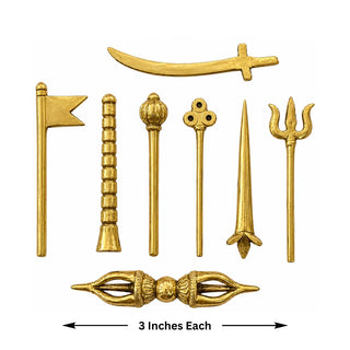 Set of 8 brass Dikpala weapons including trishul, sword, mace and flag, 3 inches each, for vastu directional protection