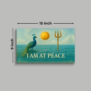 I Am At Peace affirmation poster with peacock and trident by the sea, 15x9 inch, part of Vastu Harmony Combo