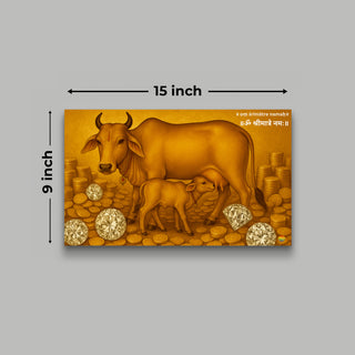 Kamadhenu cow and calf with gold coins and diamonds wealth poster, 15x9 inch, part of Vastu Harmony Combo