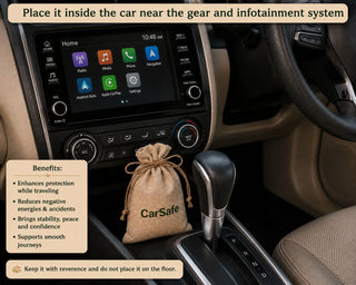 CarSafe jute pouch placed near gear for travel protection, from the Vastu Wellness Kit